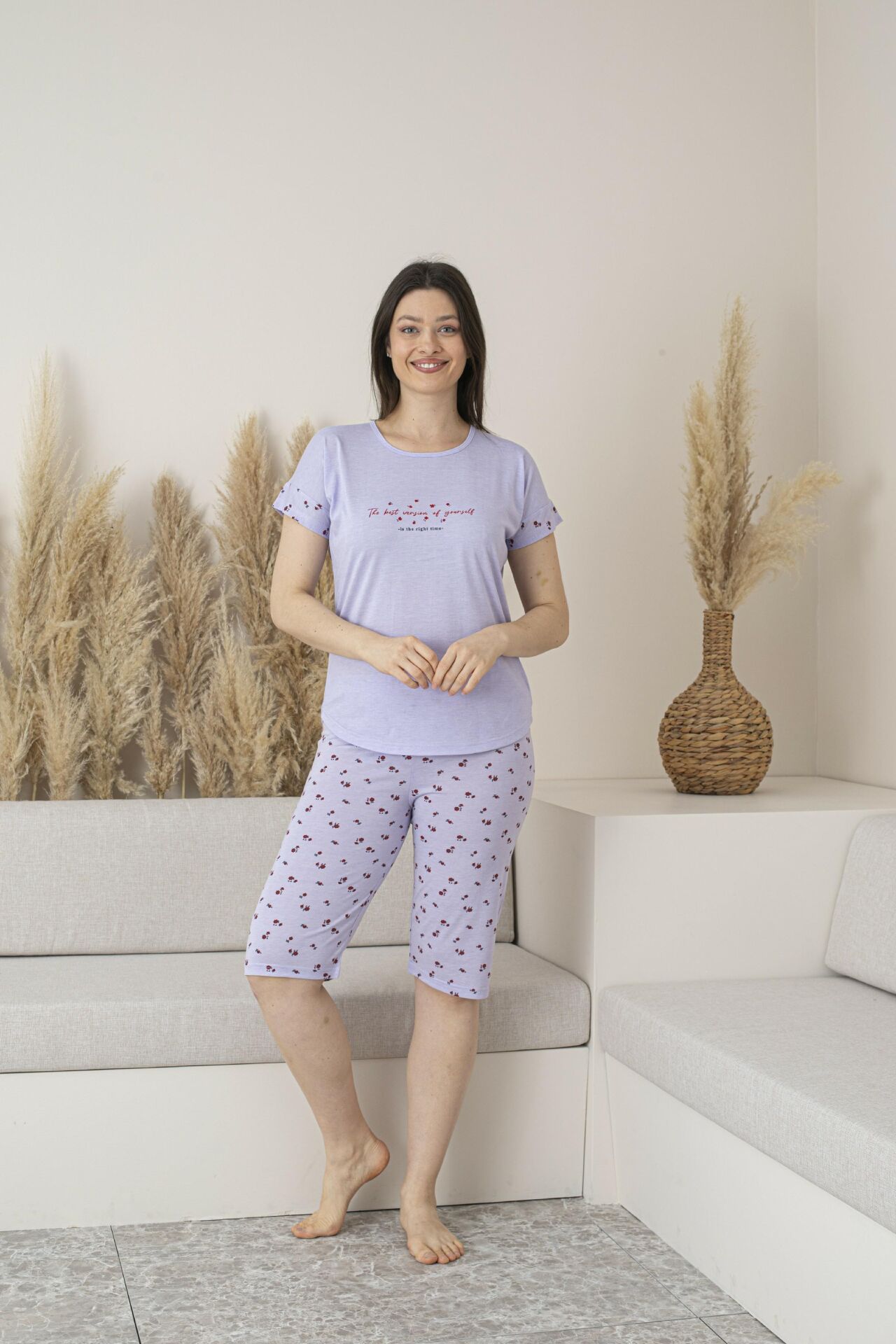 Kadın Yazlık Desenli Kısa Kollu Kaprili Viskon Pijama Takımı L - Lila