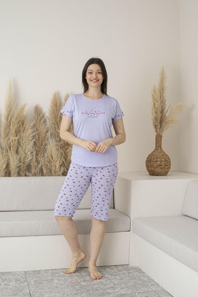 Kadın Yazlık Desenli Kısa Kollu Kaprili Viskon Pijama Takımı L - Lila