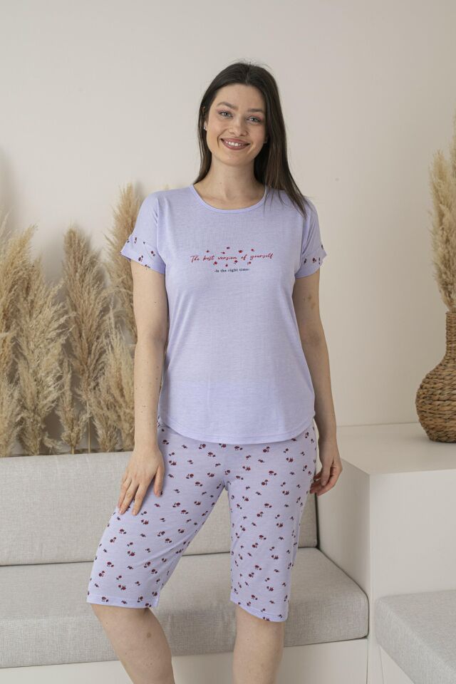 Kadın Yazlık Desenli Kısa Kollu Kaprili Viskon Pijama Takımı L - Lila