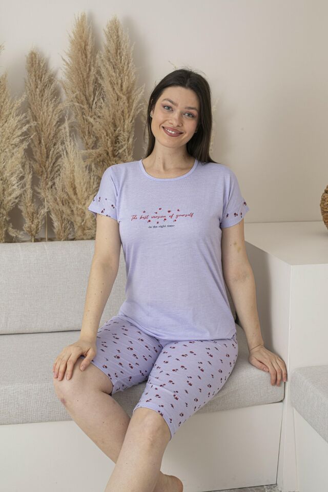 Kadın Yazlık Desenli Kısa Kollu Kaprili Viskon Pijama Takımı L - Lila