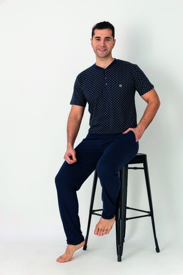 Estiva Erkek Üst Desenli Lacivert Kısa Kollu Patlı Penye Pijama Takımı