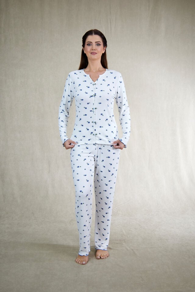 Estiva Kadın Menekşe Desenli Mor Beyaz Kaşkorse Pijama Takımı