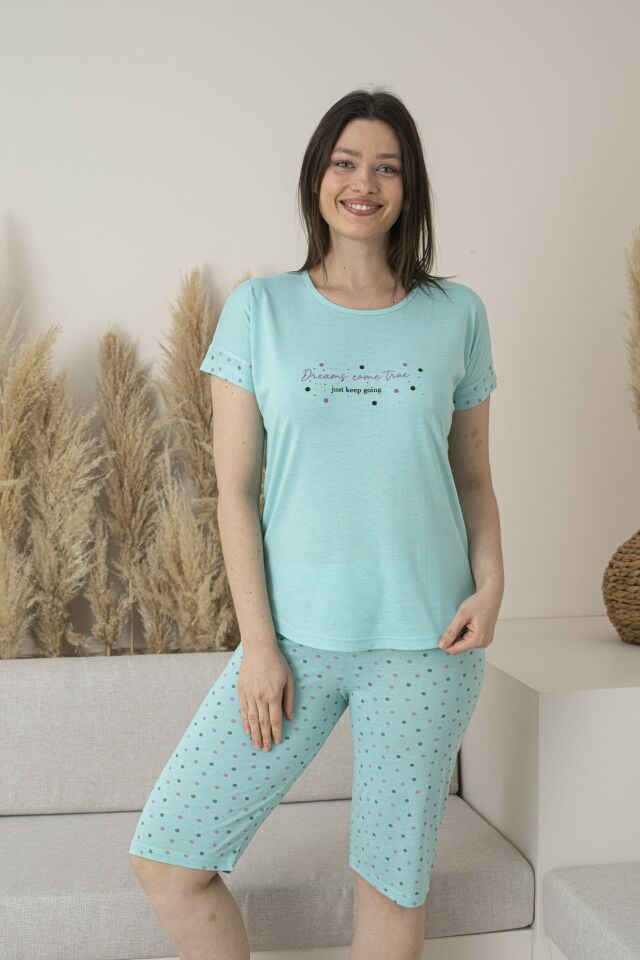 Kadın Yazlık Puantiyeli Kısa Kollu Kaprili Viskon Pijama Takımı alternatif görsel