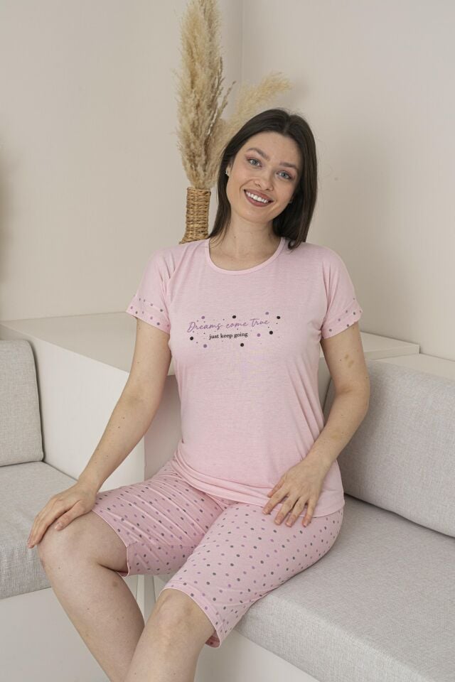 Kadın Yazlık Puantiyeli Kısa Kollu Kaprili Viskon Pijama Takımı alternatif görsel