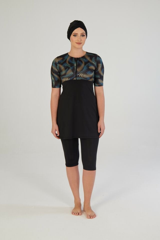 Estiva Tropikal Desenli Kısa Kollu Taytlı Tesettür Mayo