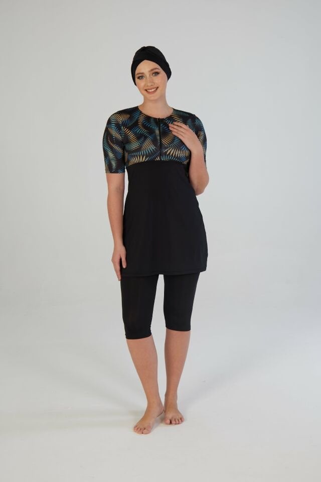 Estiva Tropikal Desenli Kısa Kollu Taytlı Tesettür Mayo