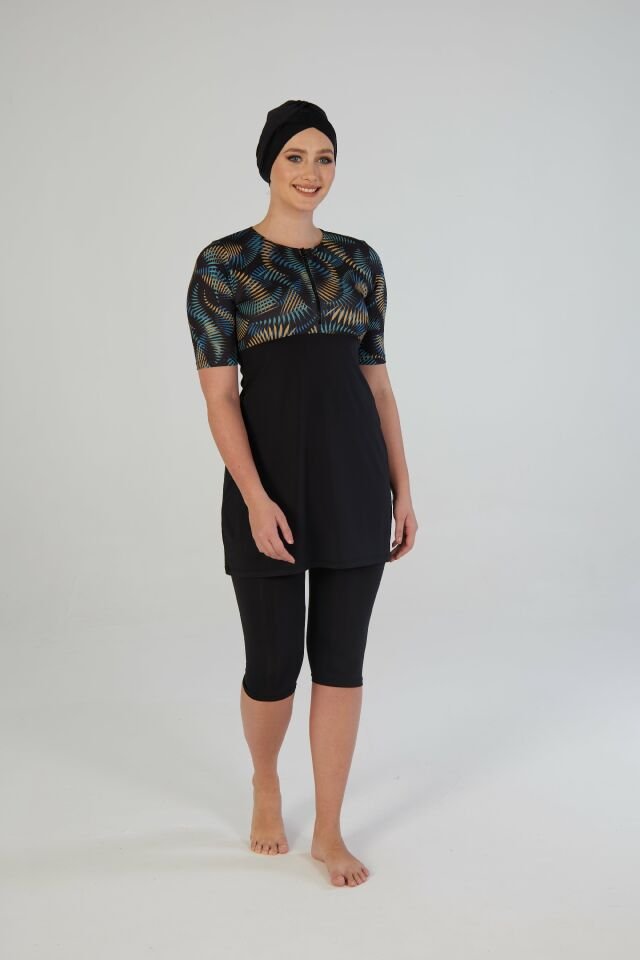 Estiva Tropikal Desenli Kısa Kollu Taytlı Tesettür Mayo