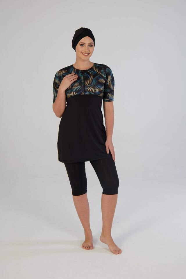 Estiva Tropikal Desenli Kısa Kollu Taytlı Tesettür Mayo