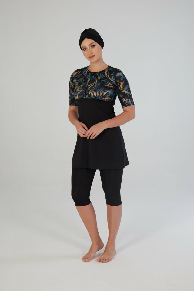 Estiva Tropikal Desenli Kısa Kollu Taytlı Tesettür Mayo