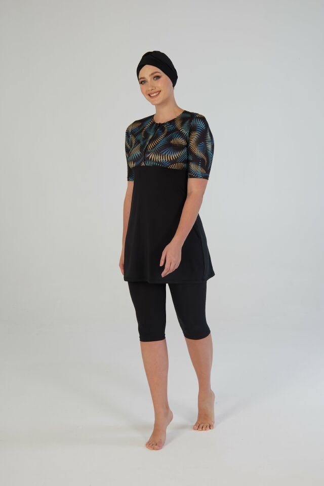 Estiva Tropikal Desenli Kısa Kollu Taytlı Tesettür Mayo