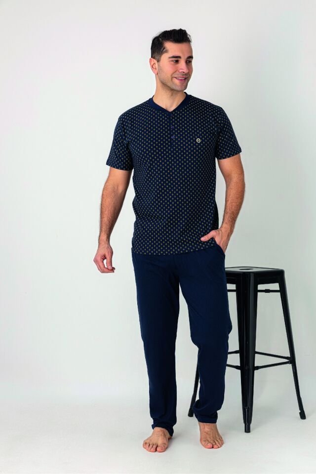 Estiva Erkek Üst Desenli Lacivert Kısa Kollu Patlı Penye Battal Pijama Takımı