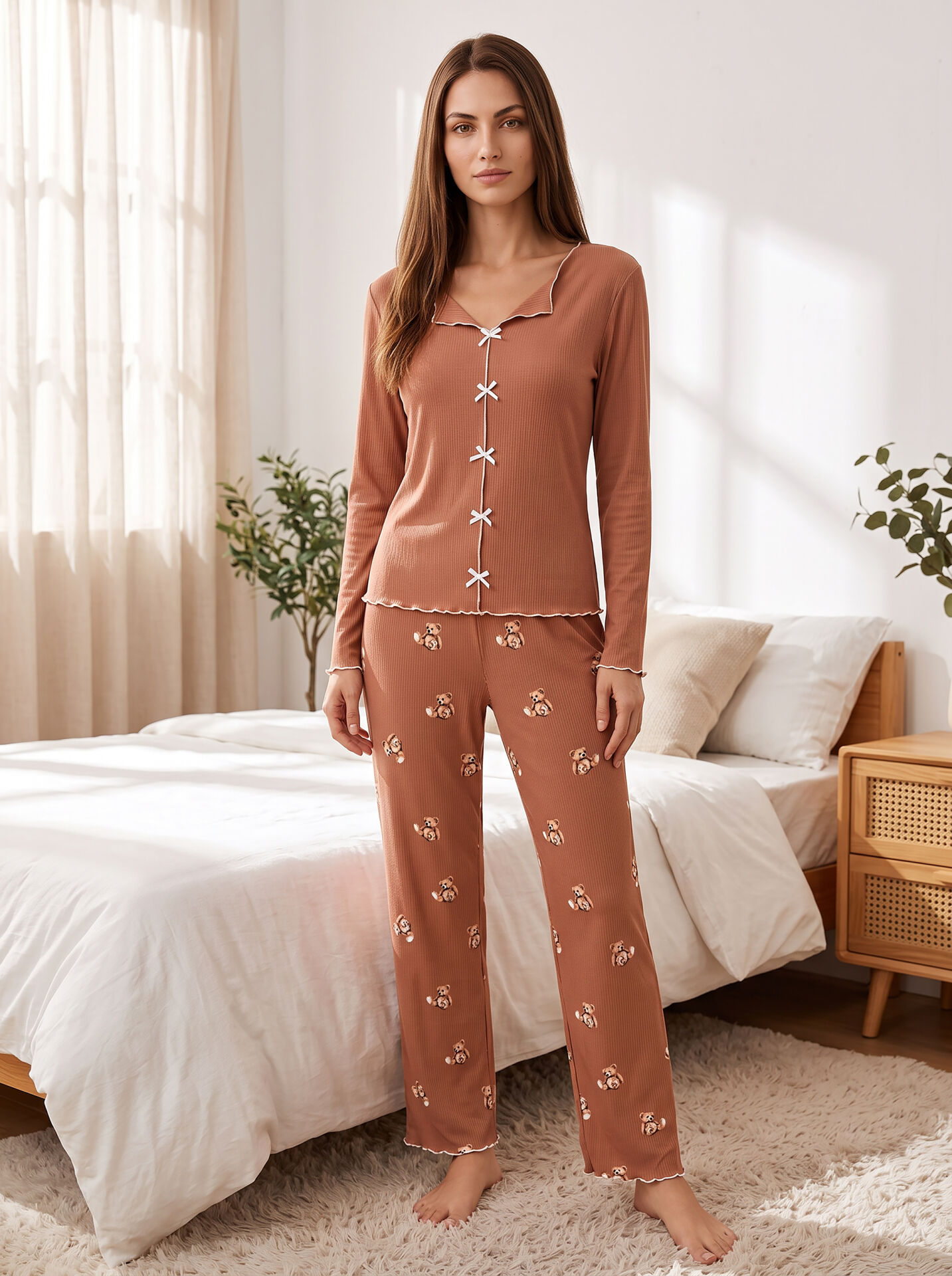 Estiva Kadın Ayıcık Desenli Kahverengi Kaşkorse Pijama Takımı