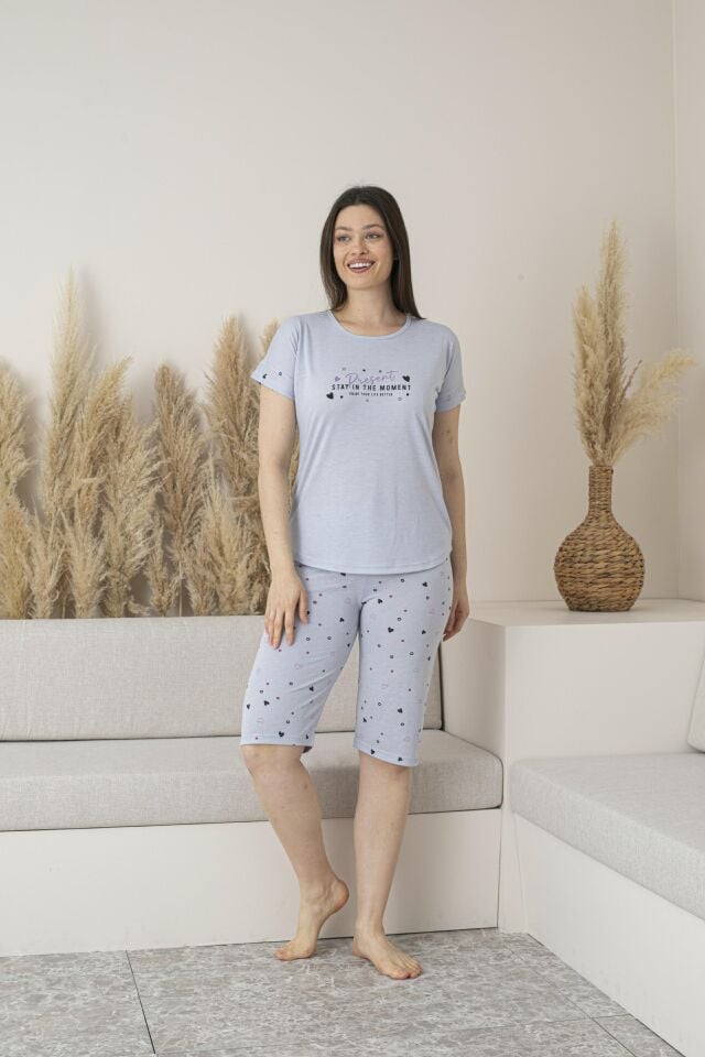 Kadın Yazlık Kalp Desenli Kısa Kollu Kaprili Viskon Pijama Takımı