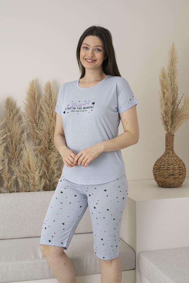Kadın Yazlık Kalp Desenli Kısa Kollu Kaprili Viskon Pijama Takımı