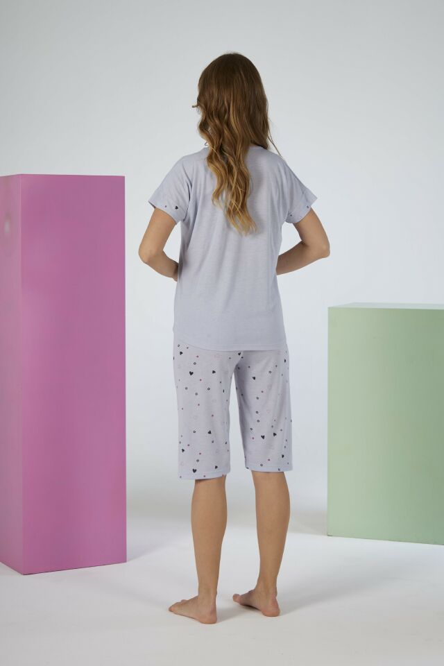 Kadın Yazlık Kalp Desenli Kısa Kollu Kaprili Viskon Pijama Takımı