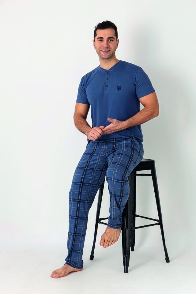 Estiva Erkek Kareli Alt Desenli Petrol Kısa Kollu Patlı Penye Pijama Takımı