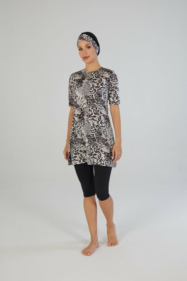 Estiva Safari Desenli Kısa Kollu Taytlı Tesettür Mayo