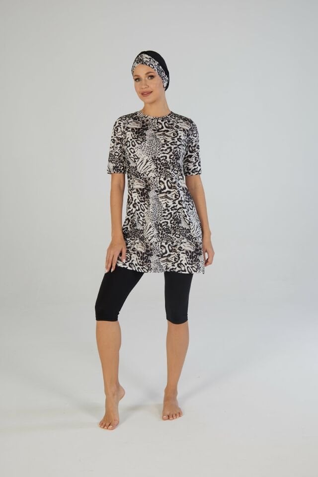 Estiva Safari Desenli Kısa Kollu Taytlı Tesettür Mayo