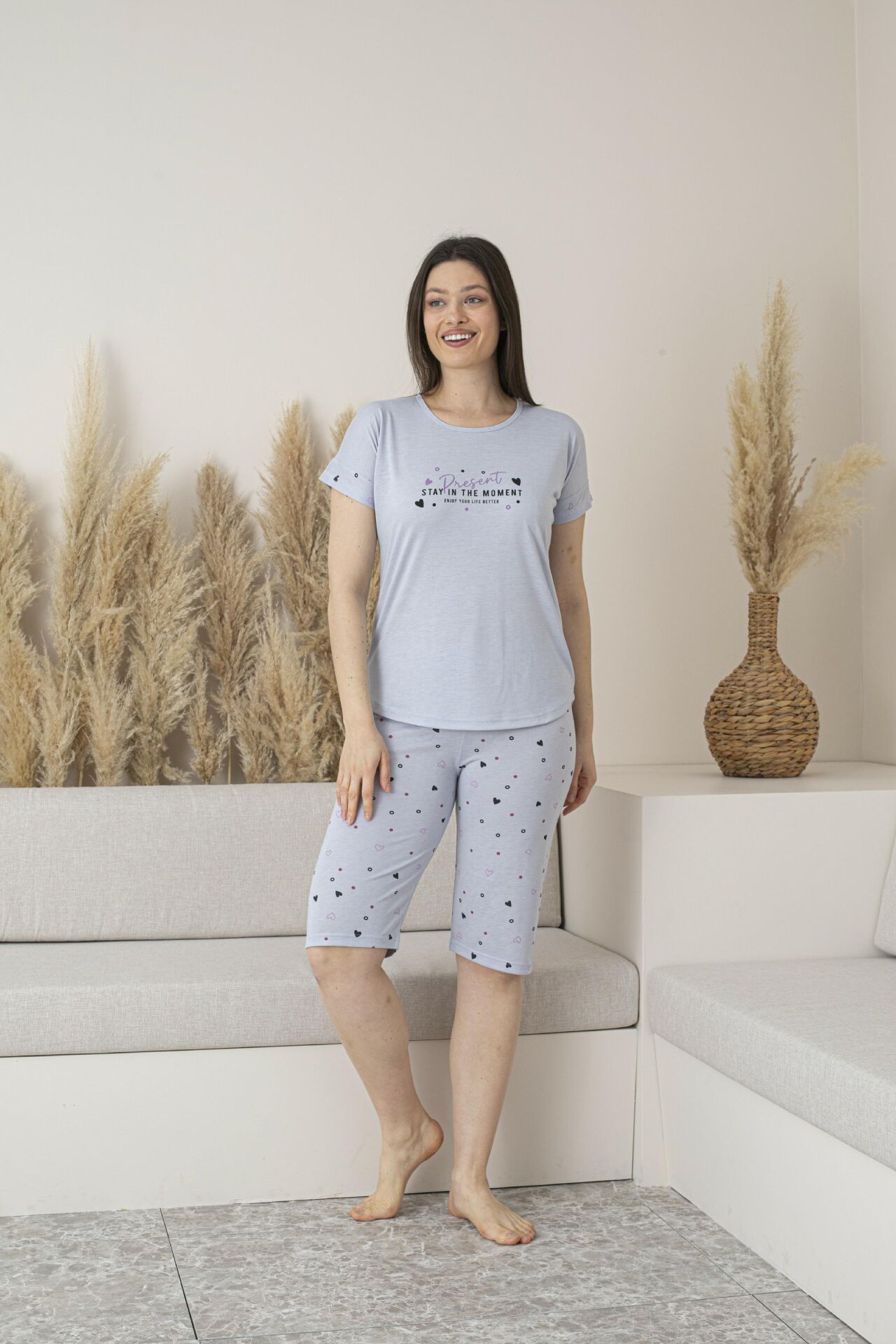 Kadın Yazlık Kalp Desenli Kısa Kollu Kaprili Viskon Pijama Takımı XL - Gri