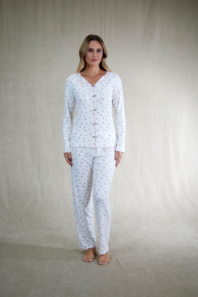 Estiva Kadın Çiçek Desenli Ekru Kaşkorse Pijama Takımı