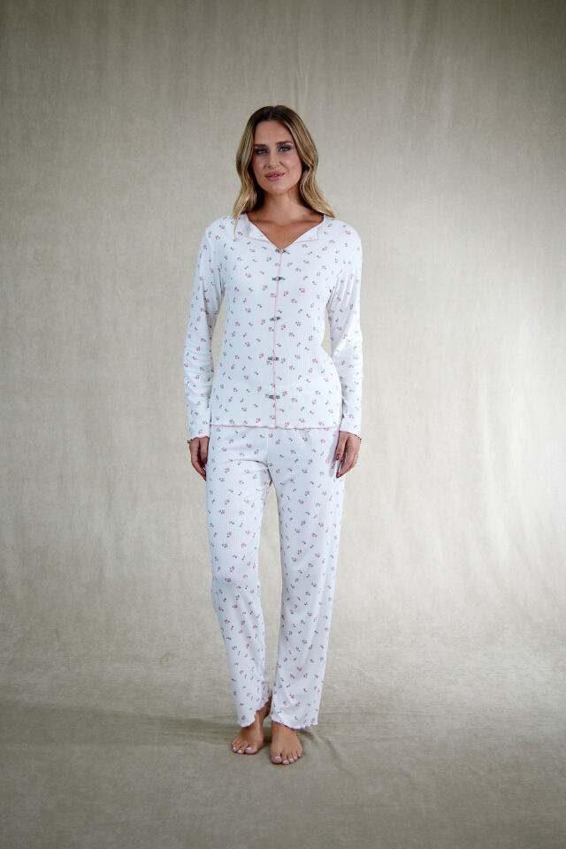 Estiva Kadın Çiçek Desenli Ekru Kaşkorse Pijama Takımı