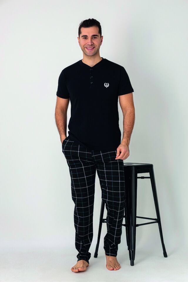 Estiva Erkek Kareli Alt Desenli Siyah Kısa Kollu Patlı Penye Pijama Takımı
