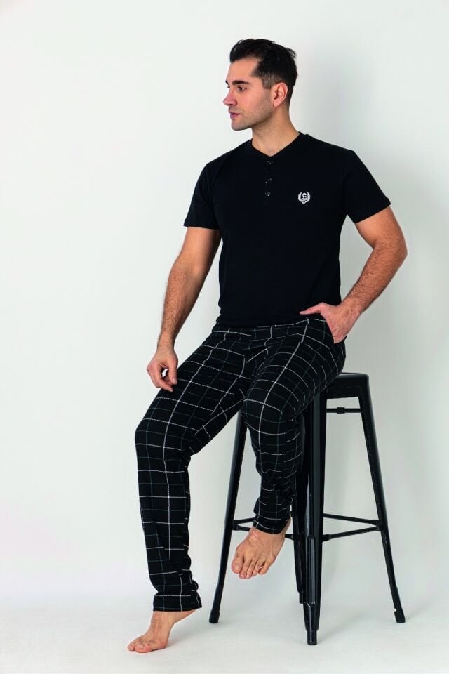 Estiva Erkek Kareli Alt Desenli Siyah Kısa Kollu Patlı Penye Pijama Takımı