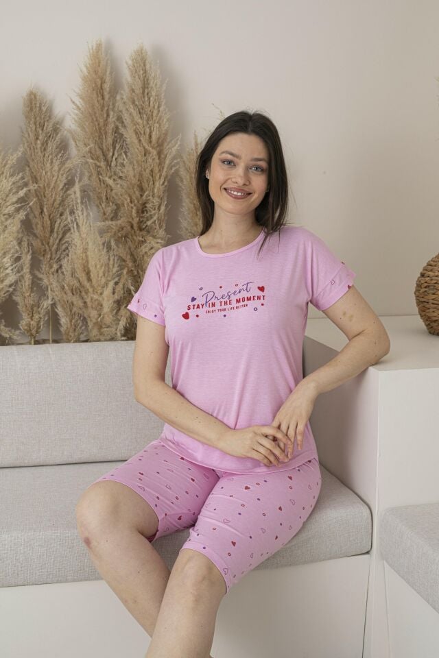 Kadın Yazlık Kalp Desenli Kısa Kollu Kaprili Viskon Pijama Takımı 2XL - Pembe