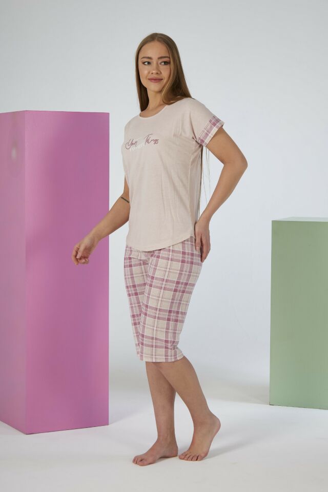 Kadın Yazlık Kareli Kısa Kollu Kaprili Viskon Pijama Takımı