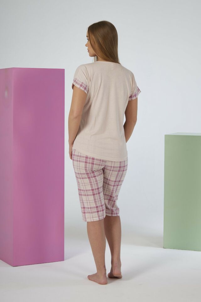 Kadın Yazlık Kareli Kısa Kollu Kaprili Viskon Pijama Takımı