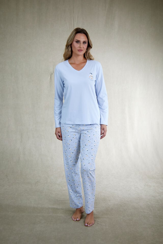 Estiva Kadın Penguen Desenli Mavi Penye Lycra Pijama Takımı