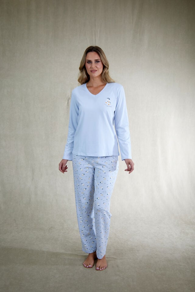Estiva Kadın Penguen Desenli Mavi Penye Lycra Pijama Takımı alternatif görsel