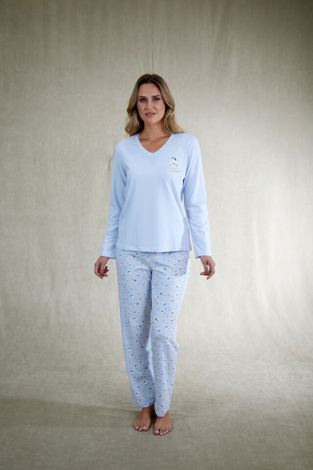 Estiva Kadın Penguen Desenli Mavi Penye Lycra Pijama Takımı alternatif görsel