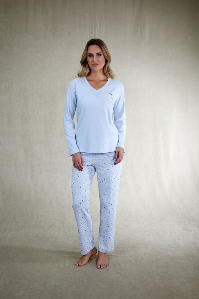 Estiva Kadın Penguen Desenli Mavi Penye Lycra Pijama Takımı