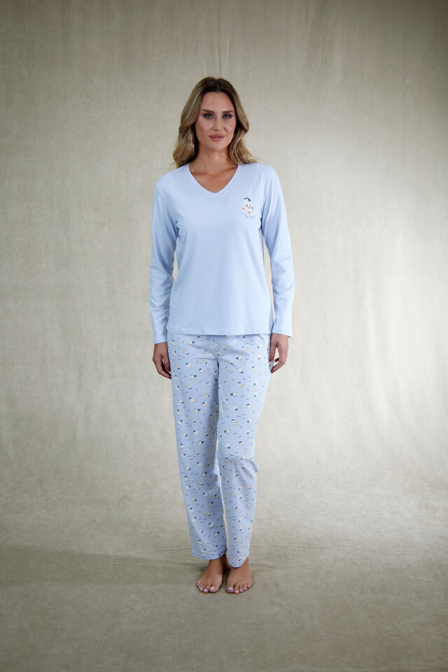 Estiva Kadın Penguen Desenli Mavi Penye Lycra Pijama Takımı