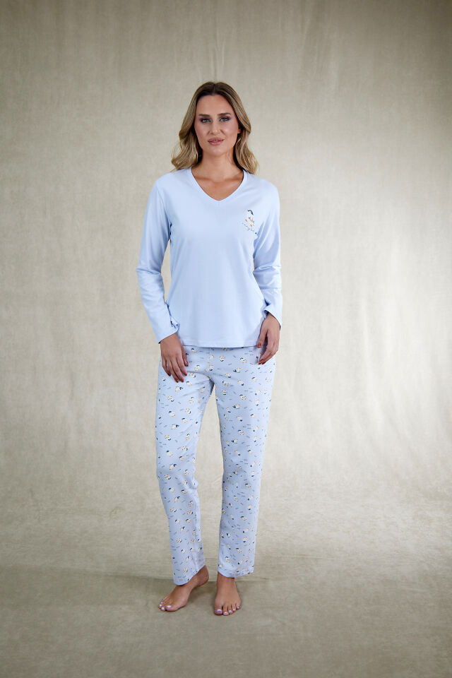 Estiva Kadın Penguen Desenli Mavi Penye Lycra Pijama Takımı