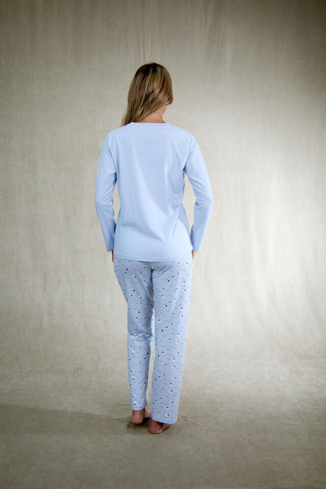 Estiva Kadın Penguen Desenli Mavi Penye Lycra Pijama Takımı