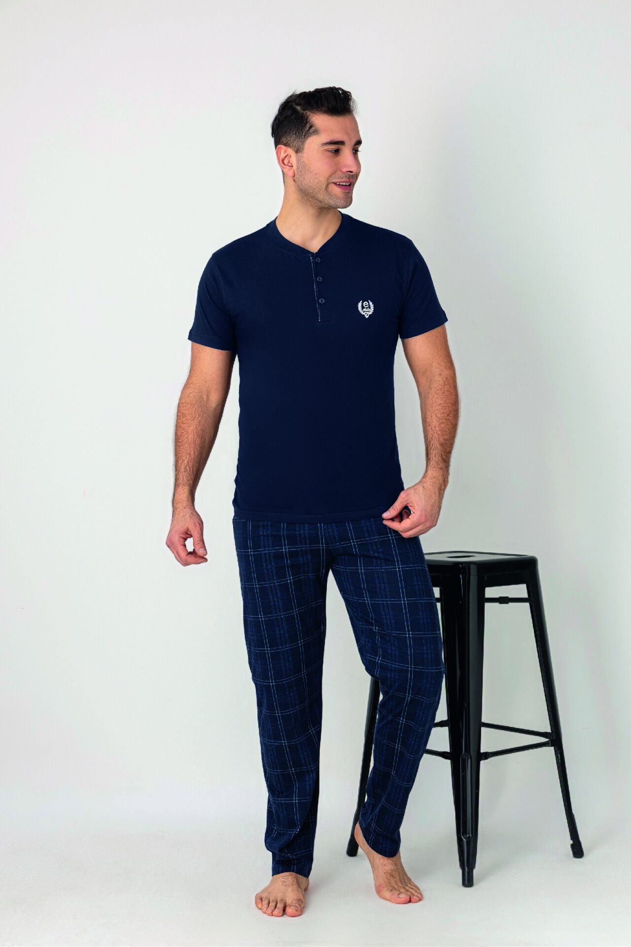 Estiva Erkek Kareli Alt Desenli Lacivert Kısa Kollu Patlı Penye Pijama Takımı