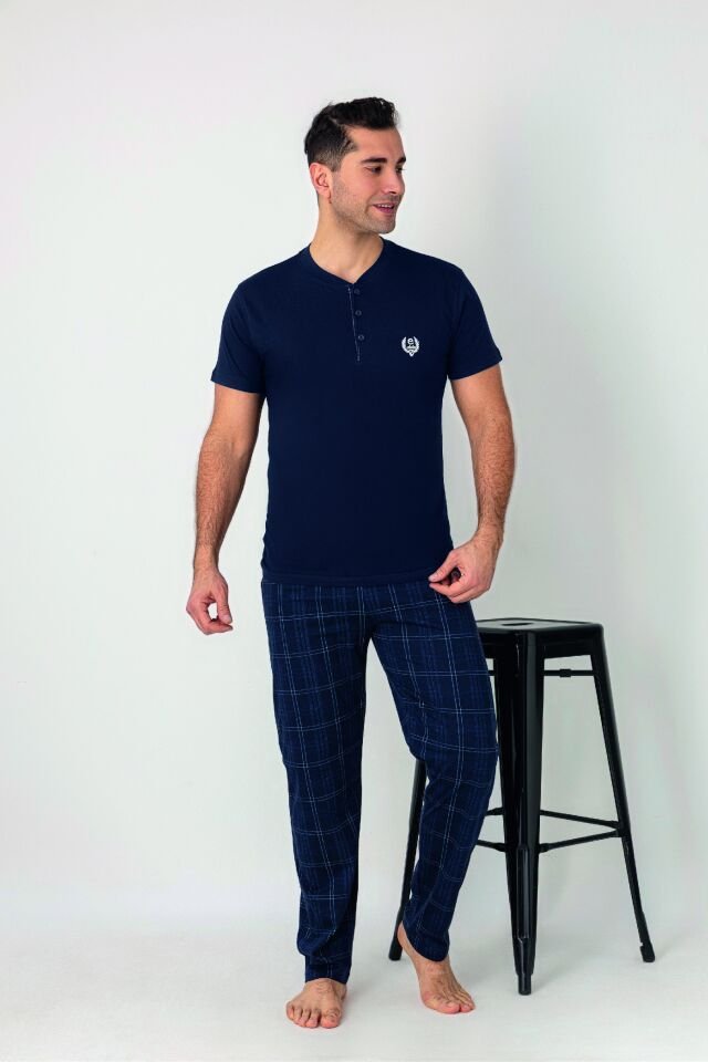 Estiva Erkek Kareli Alt Desenli Lacivert Kısa Kollu Patlı Penye Pijama Takımı