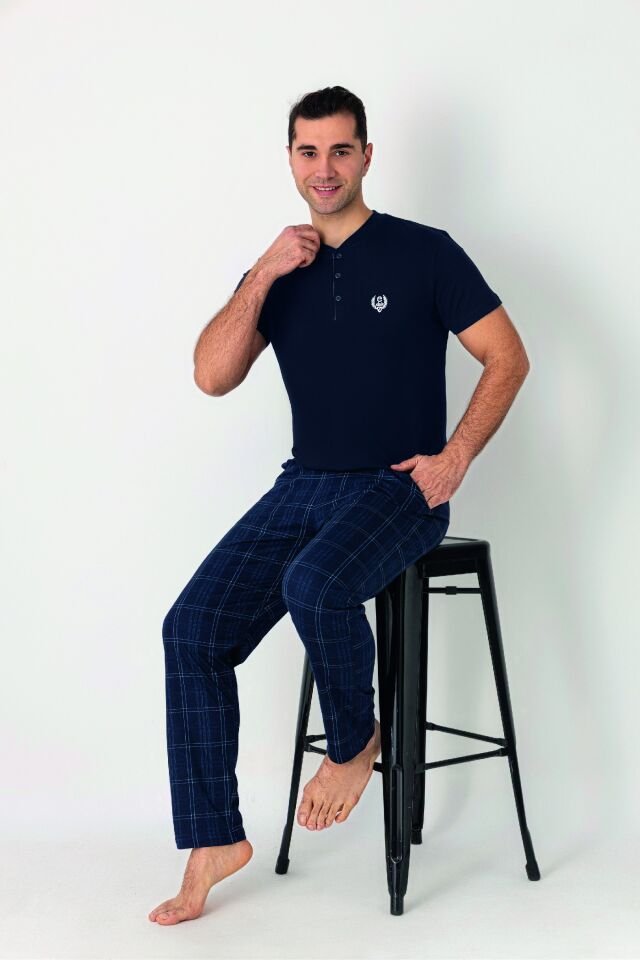 Estiva Erkek Kareli Alt Desenli Lacivert Kısa Kollu Patlı Penye Pijama Takımı