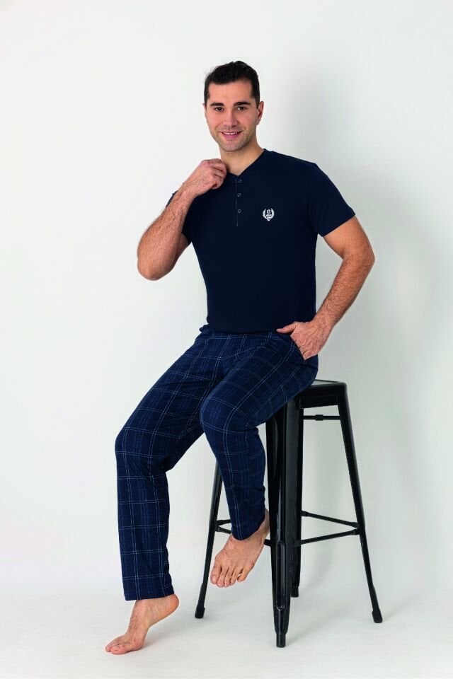 Estiva Erkek Kareli Alt Desenli Lacivert Kısa Kollu Patlı Penye Pijama Takımı