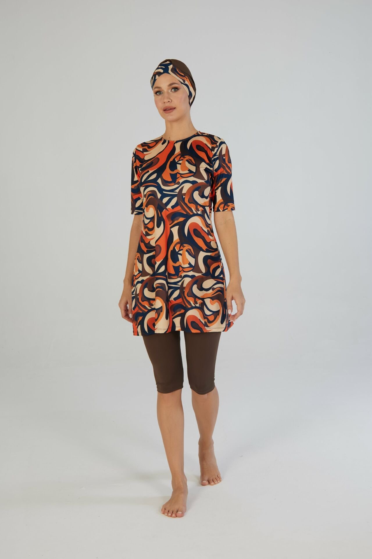 Estiva Flow Desenli Kısa Kollu Taytlı Tesettür Mayo