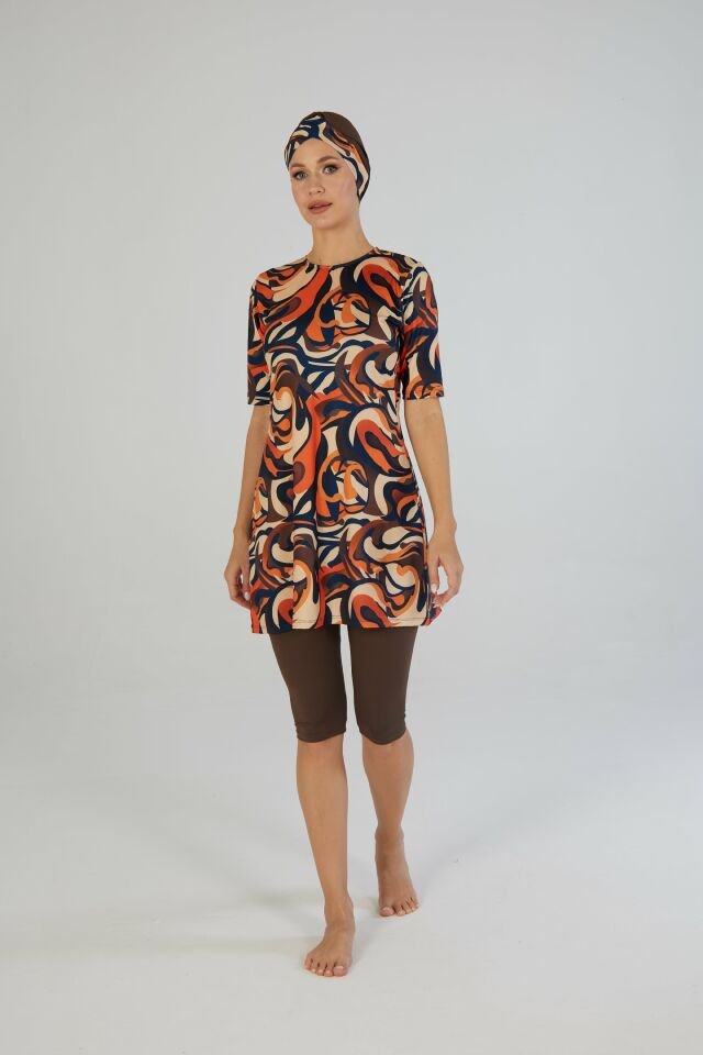 Estiva Flow Desenli Kısa Kollu Taytlı Tesettür Mayo