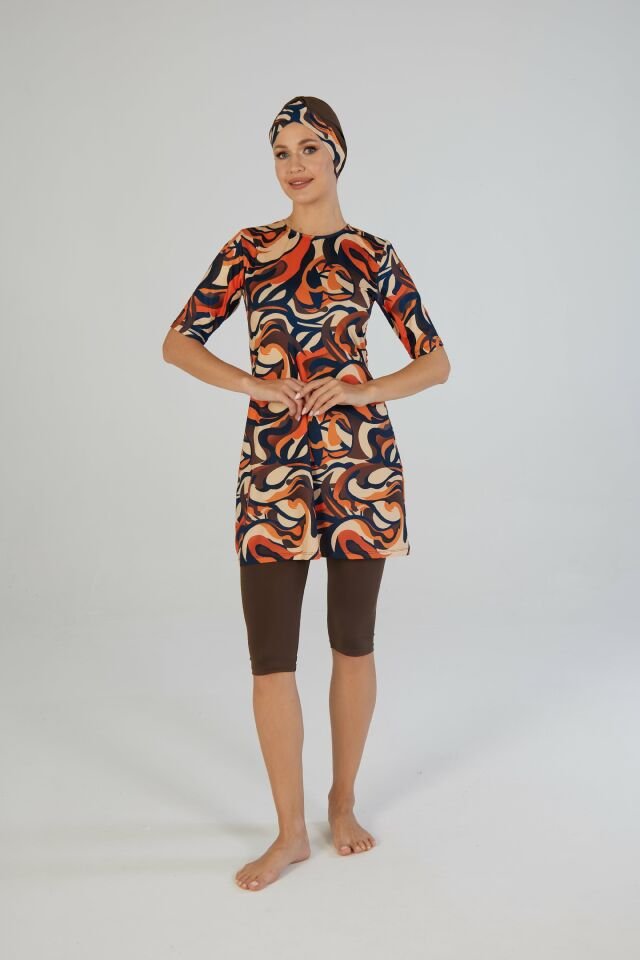 Estiva Flow Desenli Kısa Kollu Taytlı Tesettür Mayo