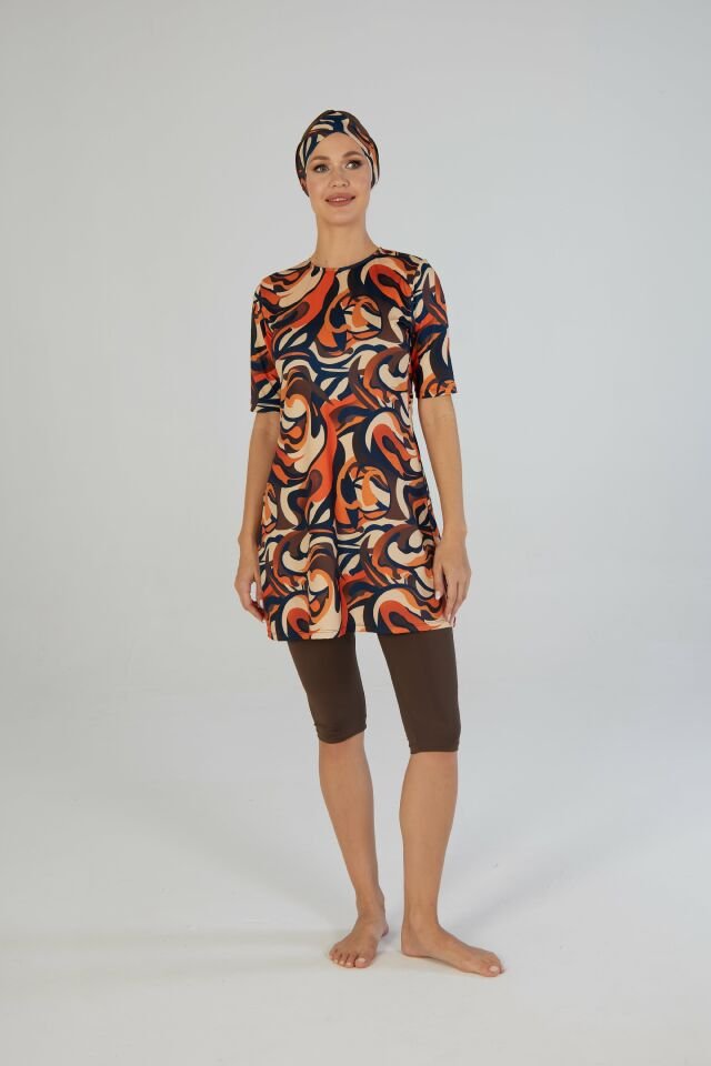 Estiva Flow Desenli Kısa Kollu Taytlı Tesettür Mayo