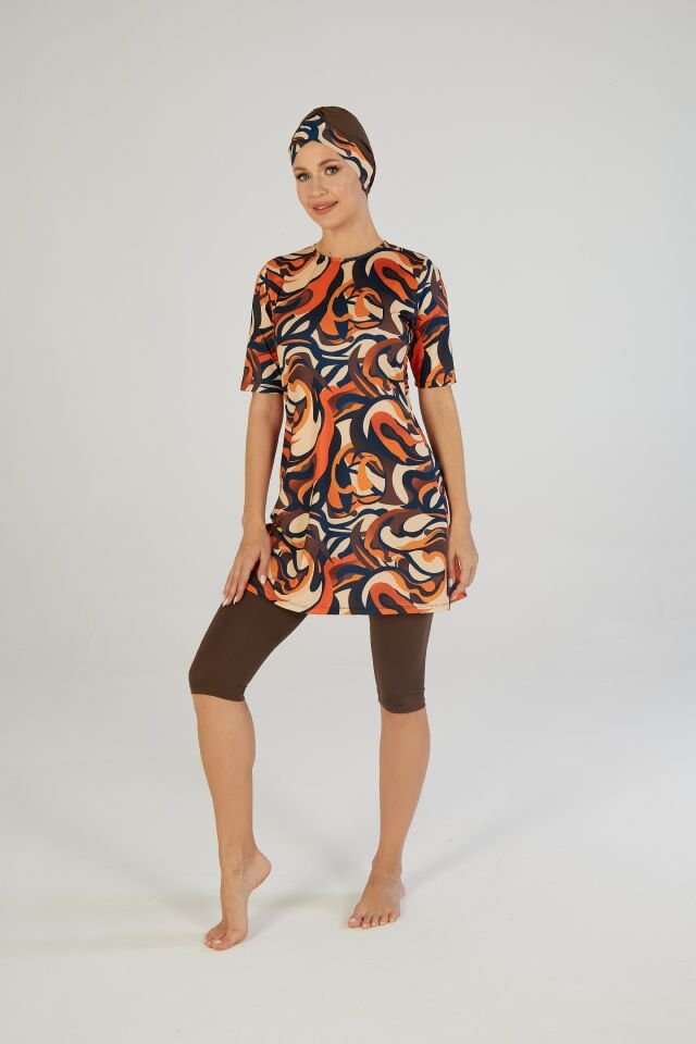 Estiva Flow Desenli Kısa Kollu Taytlı Tesettür Mayo