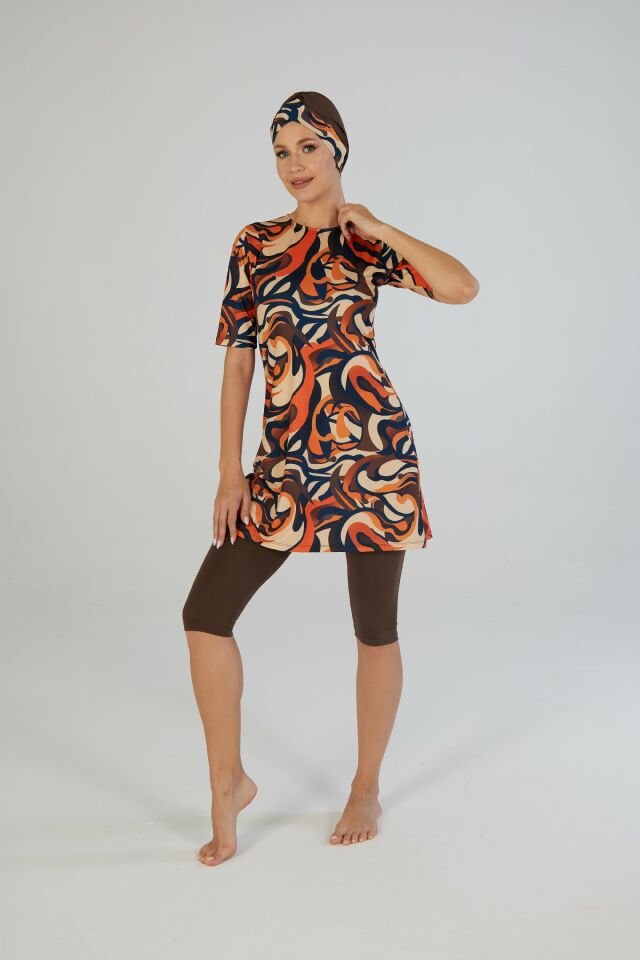 Estiva Flow Desenli Kısa Kollu Taytlı Tesettür Mayo