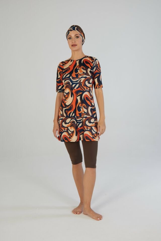 Estiva Flow Desenli Kısa Kollu Taytlı Tesettür Mayo