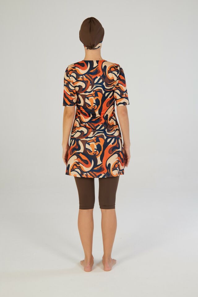 Estiva Flow Desenli Kısa Kollu Taytlı Tesettür Mayo