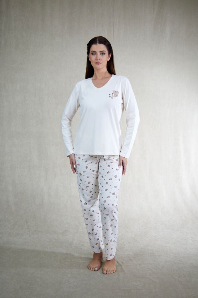 Estiva Kadın Sincap Desenli Bej Rengi Penye Lycra Pijama Takımı